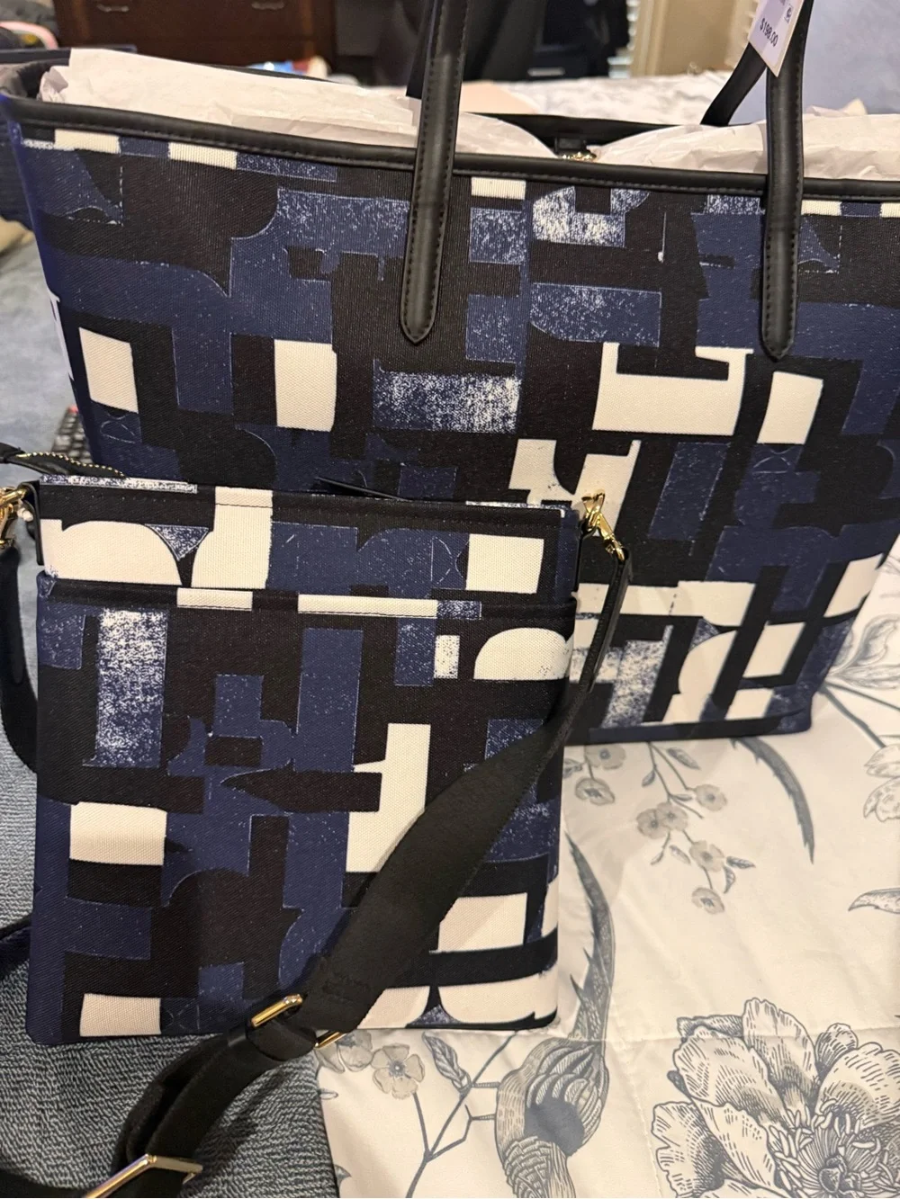 RADLEY LONDON Navy, White & Black Geometric Tote with Matching Pouch